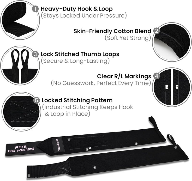 OUTRAGEAR 18" OG-Grade Wrist Wraps for Weightlifting – Heavy Duty Wrist Support with Thumb Loop & Lockdown Strap – Wrist Straps for Powerlifting, Bench Press & Gym Training - Image 5
